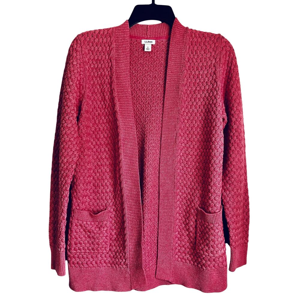 L.L.Bean Women’s Chunky Knit Open Front Cardigan Sweater Raspberry Textured S